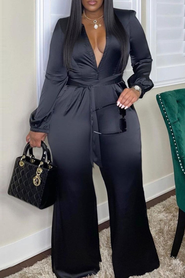 Black Pre-sale Fashion Casual Solid Basic V Neck Long Sleeve Regular Jumpsuits