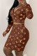 Coffee Fashion Sexy Print Patchwork V Neck Long Sleeve Two Pieces
