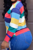 Colour Casual Striped Print Patchwork O Neck Tops