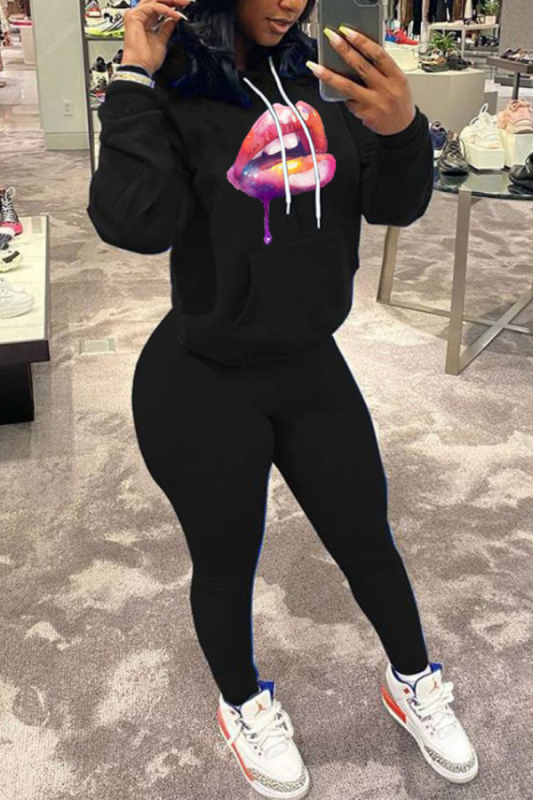 Black Sportswear Print Patchwork Hooded Collar Long Sleeve Two Pieces