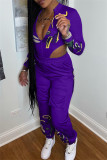 Purple Fashion Casual Print Hollowed Out Zipper Collar Long Sleeve Two Pieces