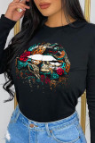 Grey Casual Street Print Patchwork O Neck Tops