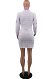 White Sexy Print Sequins Split Joint Zipper O Neck A Line Dresses
