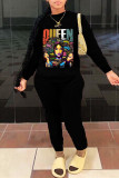 Black Fashion Casual Print Basic O Neck Long Sleeve Two Pieces