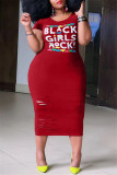 Red Fashion Casual Plus Size Letter Print Ripped O Neck Short Sleeve Dress