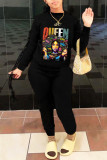 Black Fashion Casual Print Basic O Neck Long Sleeve Two Pieces