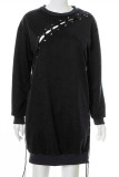 Ink Green Fashion Casual Solid Bandage O Neck Long Sleeve Dresses