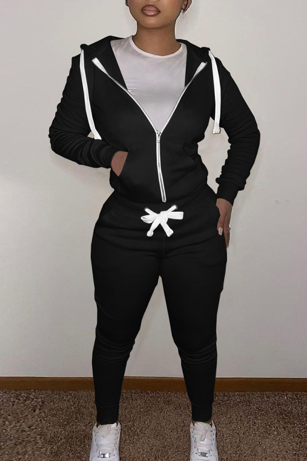 Black Casual Solid Patchwork Zipper Hooded Collar Long Sleeve Two Pieces