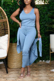 Light Blue Casual Solid pencil Long Sleeve Two Pieces