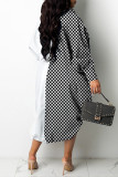 Black White Fashion Plaid Print Patchwork Turndown Collar Long Sleeve Shirt Dress
