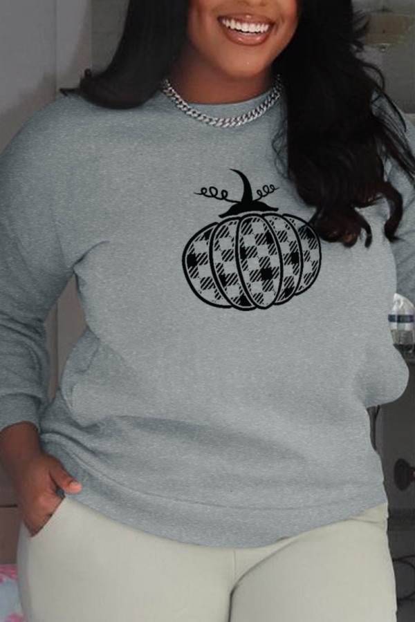 Grey Casual Party Print Patchwork O Neck Tops