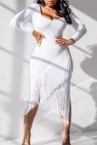 White Sexy Cap Sleeve Long Sleeves V Neck Asymmetrical Mid-Calf tassel Solid Patchwork