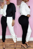 Black White Fashion Casual Patchwork Basic O Neck Long Sleeve Two Pieces