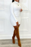 White Fashion Casual Solid Basic Turtleneck Long Sleeve Dresses