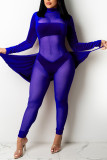 Blue Sexy Solid Split Joint See-through Turtleneck Regular Jumpsuits