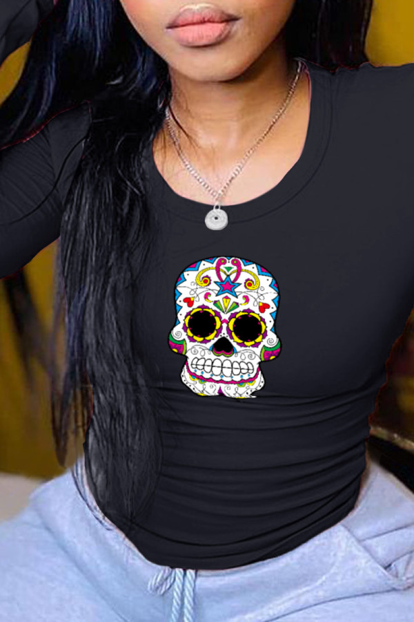 Black Casual Party Print Patchwork O Neck Tops