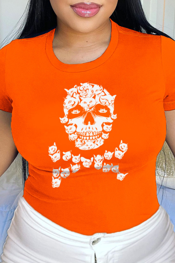 Orange Daily Party Print Patchwork O Neck T-Shirts