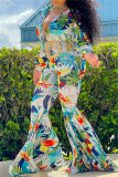 Blue Fashion Casual Print Basic V Neck Regular Jumpsuits