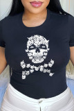 Red Daily Party Print Patchwork O Neck T-Shirts