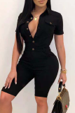 Black Sexy Solid Patchwork Turndown Collar Skinny Rompers