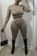 Khaki Casual Solid Patchwork O Neck Long Sleeve Two Pieces