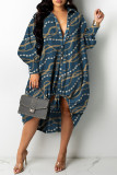 Tibetan Blue Fashion Casual Print Basic Turndown Collar Long Sleeve Shirt Dress