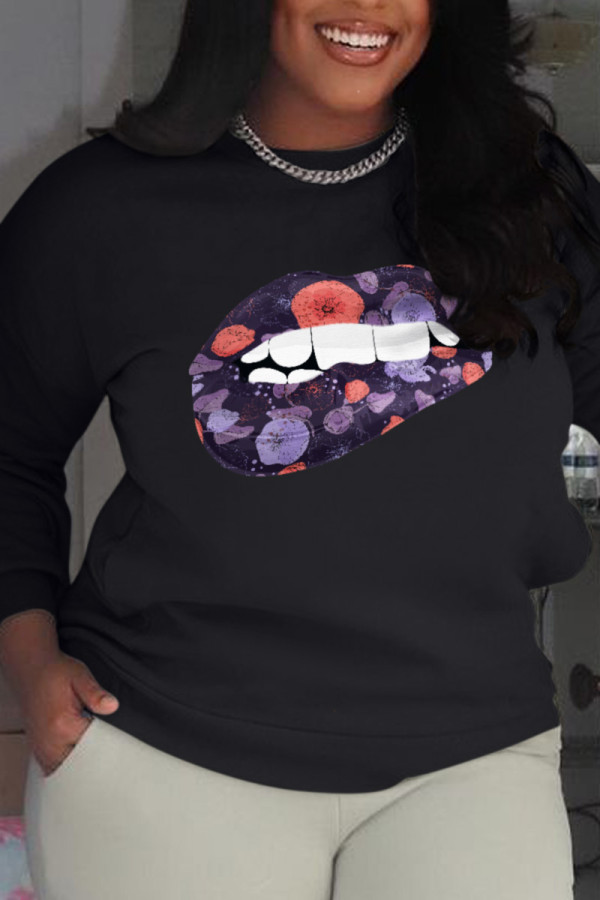 Black Casual Street Print Patchwork O Neck Tops