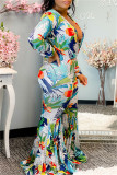 Blue Fashion Casual Print Basic V Neck Regular Jumpsuits