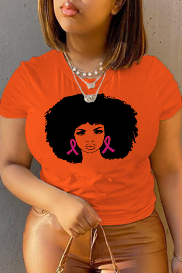 Orange Casual Daily Print Patchwork O Neck T-Shirts