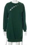 Ink Green Fashion Casual Solid Bandage O Neck Long Sleeve Dresses