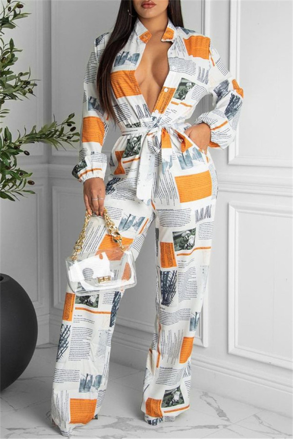 White Fashion Casual Print With Belt Turndown Collar Regular Jumpsuits