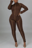 Coffee Fashion Casual Patchwork Asymmetrical O Neck Long Sleeve Two Pieces
