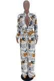 Coffee Fashion Casual Print With Belt Turndown Collar Regular Jumpsuits