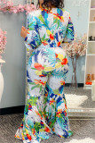 Blue Fashion Casual Print Basic V Neck Regular Jumpsuits
