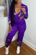 Purple Fashion Casual Print Hollowed Out Zipper Collar Long Sleeve Two Pieces