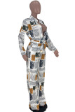 Coffee Fashion Casual Print With Belt Turndown Collar Regular Jumpsuits