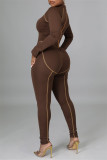 Coffee Fashion Casual Patchwork Asymmetrical O Neck Long Sleeve Two Pieces