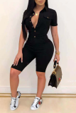 Black Sexy Solid Patchwork Turndown Collar Skinny Rompers