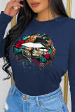 Grey Casual Street Print Patchwork O Neck Tops