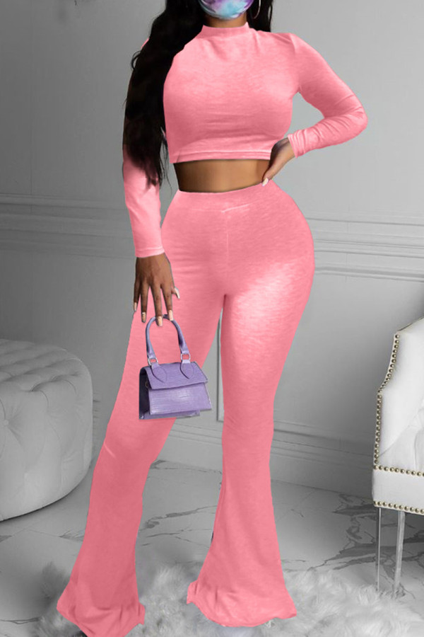 Pink Fashion Casual Solid Basic O Neck Long Sleeve Two Pieces