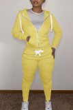Yellow Casual Solid Patchwork Zipper Hooded Collar Long Sleeve Two Pieces