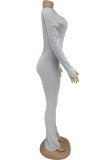 Grey Sexy Casual Solid Backless Slit U Neck Skinny Jumpsuits