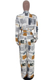 Coffee Fashion Casual Print With Belt Turndown Collar Regular Jumpsuits