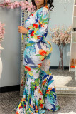 Blue Fashion Casual Print Basic V Neck Regular Jumpsuits