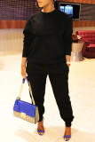 Black Fashion Casual Solid Basic O Neck Long Sleeve Two Pieces