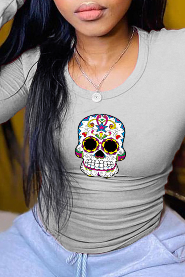 Grey Casual Party Print Patchwork O Neck Tops