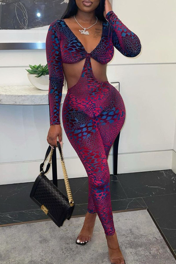 Burgundy Sexy Print Hollowed Out Patchwork V Neck Skinny Jumpsuits