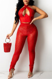 Red Sexy Patchwork Hollowed Out Sequins Backless Halter Sleeveless Two Pieces