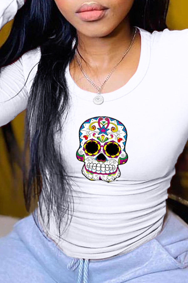 White Casual Party Print Patchwork O Neck Tops