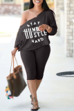 Grey Sexy Print Letter One Shoulder Plus Size Two Pieces